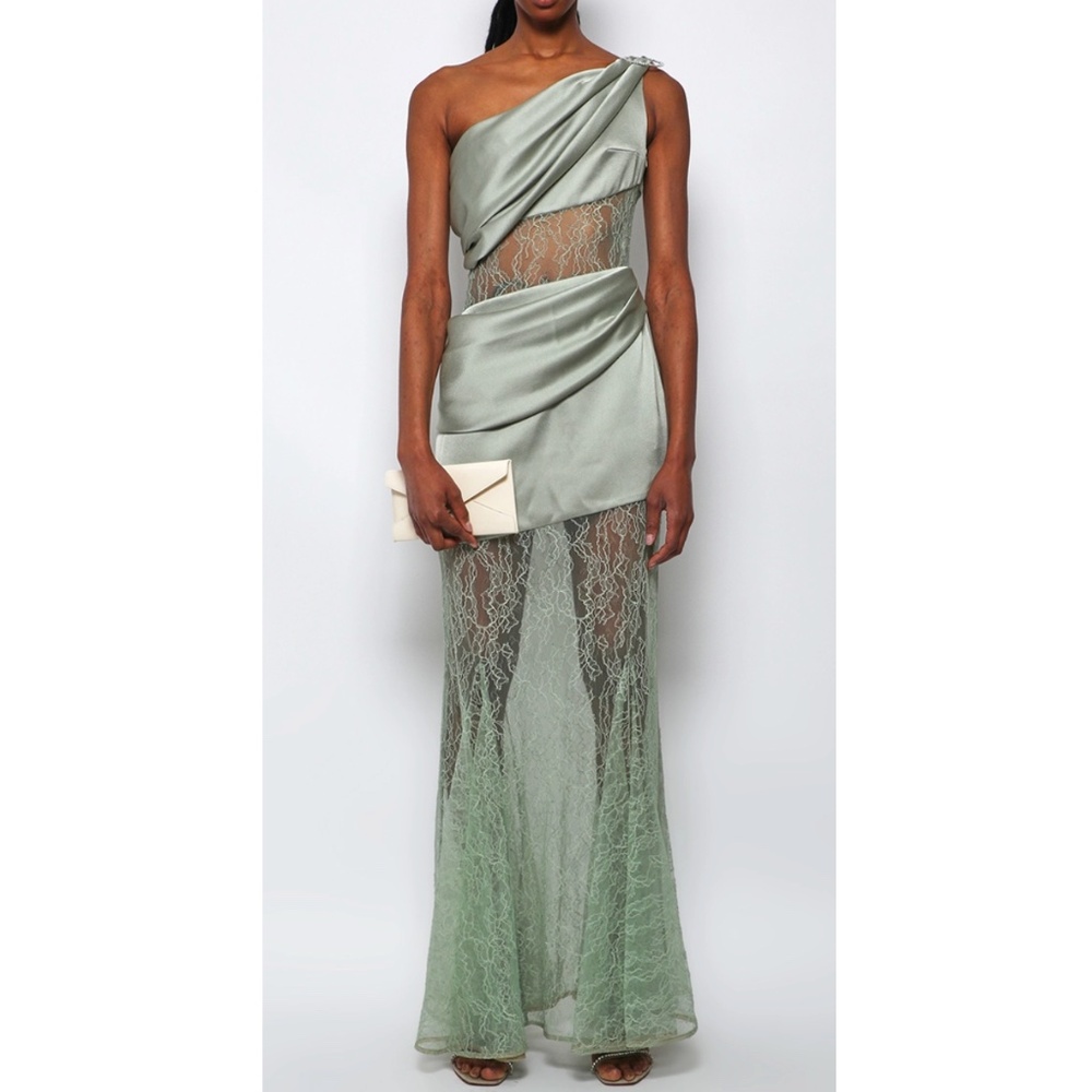 RASARIO ASYMMETRIC BUCKLED LACE AND SATIN MAXI DRESS OLIVE